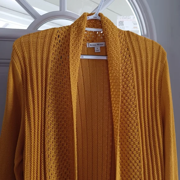 Open-Front Knit Cardigan Sweater Mustard Yellow Size M Cozycore Autumn Boho Chic - Picture 3 of 13